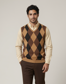 Men's brown argyle knit sweater vest with V-neck