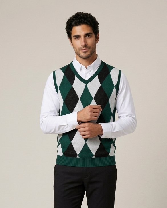 Men's dark green argyle knit sweater vest with V-neck