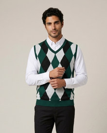 Men's dark green argyle knit sweater vest with V-neck