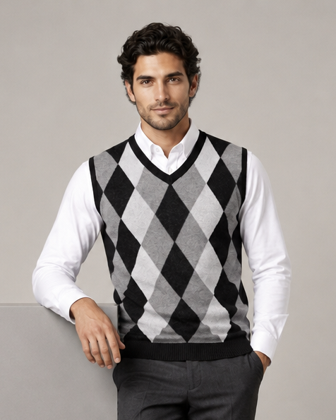 Men's dark grey argyle knit sweater vest with V-neck