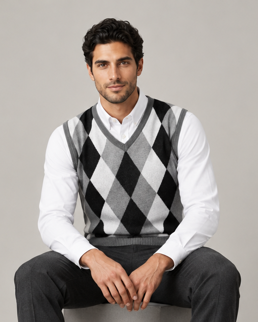 Men's grey argyle knit sweater vest with V-neck