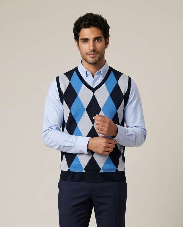 Men's royal blue argyle knit sweater vest with V-neck