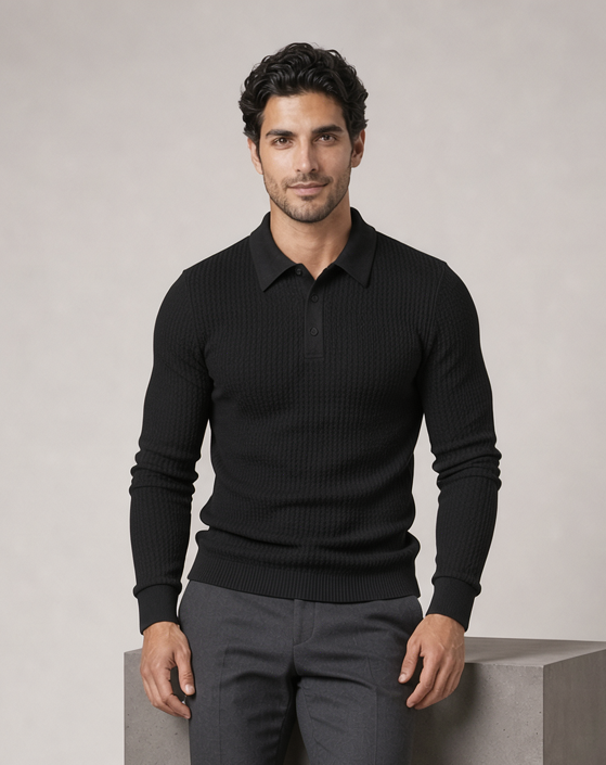 Men's black ribbed knit polo sweater with long sleeves