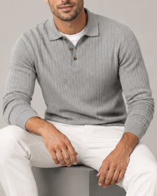 Men's grey ribbed knit polo sweater with long sleeves