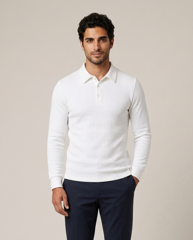 Men's white ribbed knit polo sweater, side view