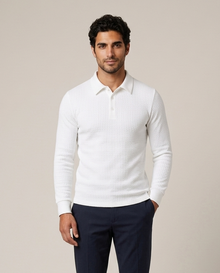 Men's white ribbed knit polo sweater, front view