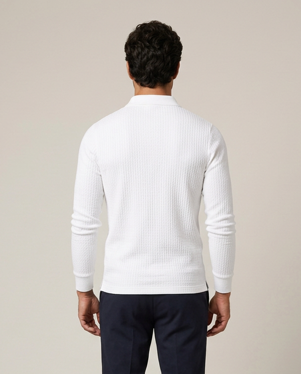 Men's white ribbed knit polo sweater, back view