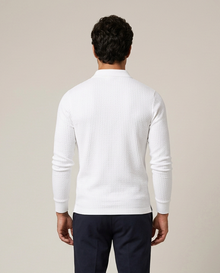 Men's white ribbed knit polo sweater, back view