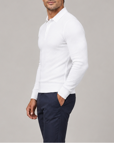 Men's white ribbed knit polo sweater, side view