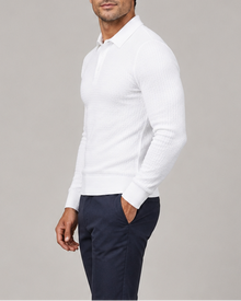 Men's white ribbed knit polo sweater, side view