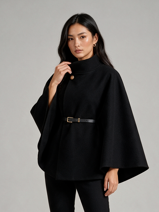 Montarello women's belted high neck cape in black