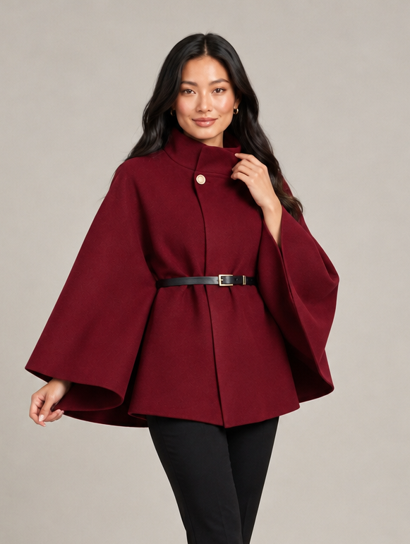 Montarello women's belted high neck cape in burgundy