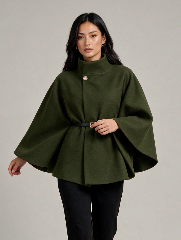 Montarello women's belted high neck cape in military green