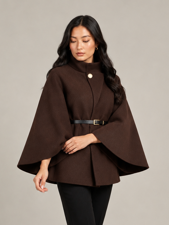 Montarello women's belted high neck cape in red brown
