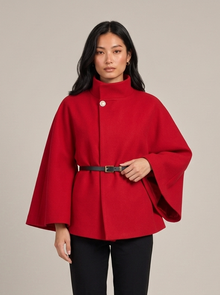 Montarello women's belted high neck cape in red, front view