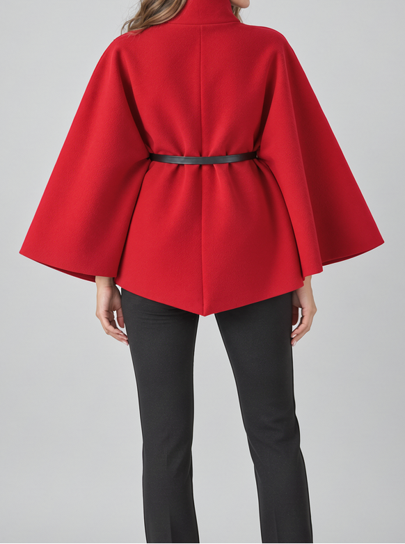 Montarello women's belted high neck cape in red, rear view