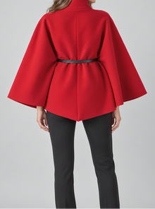 Montarello women's belted high neck cape in red, rear view