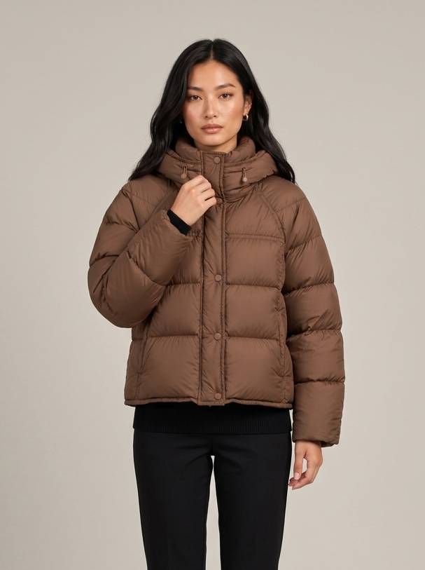 Montarello women's hooded quilted jacket in brown, front view