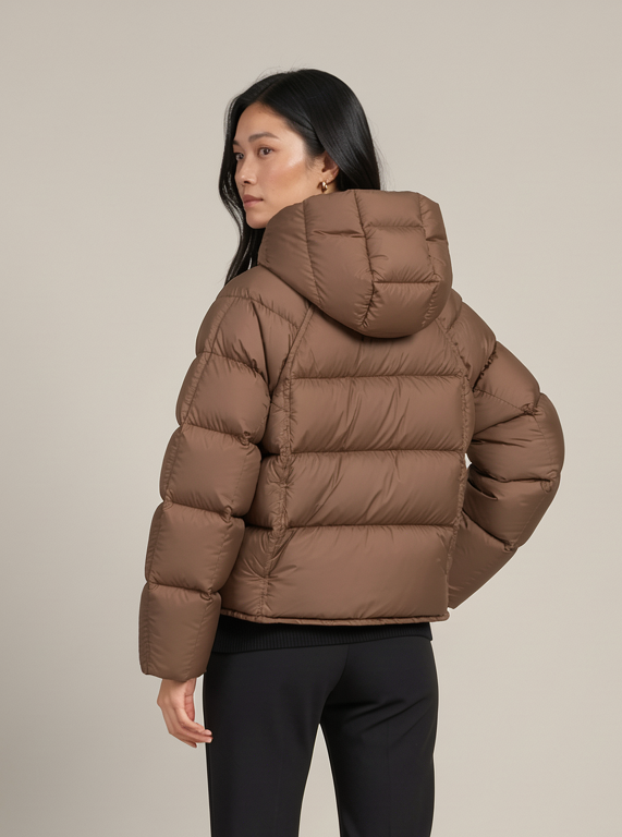 Montarello women's hooded quilted jacket in brown, rear view