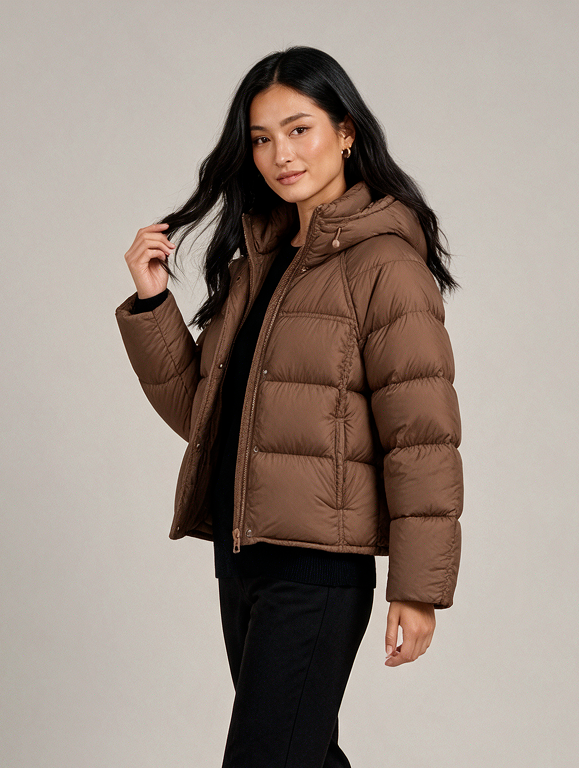 Montarello women's hooded quilted jacket in brown, side walking view