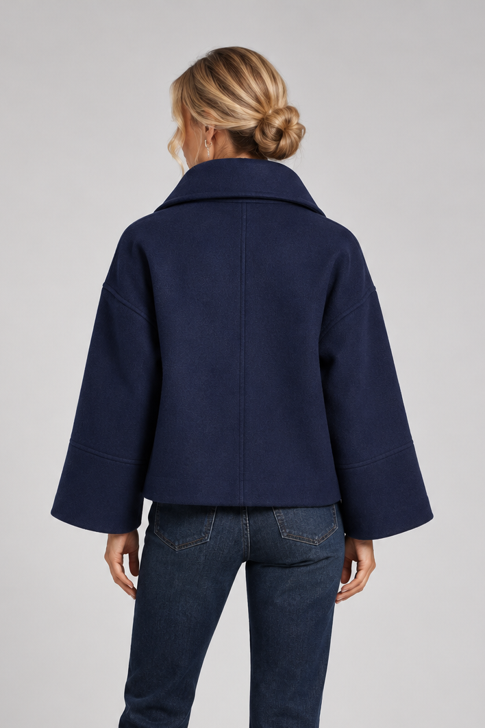 Women's Short Wool Coat – Oversized Collar Double Breasted Wrap Jacket