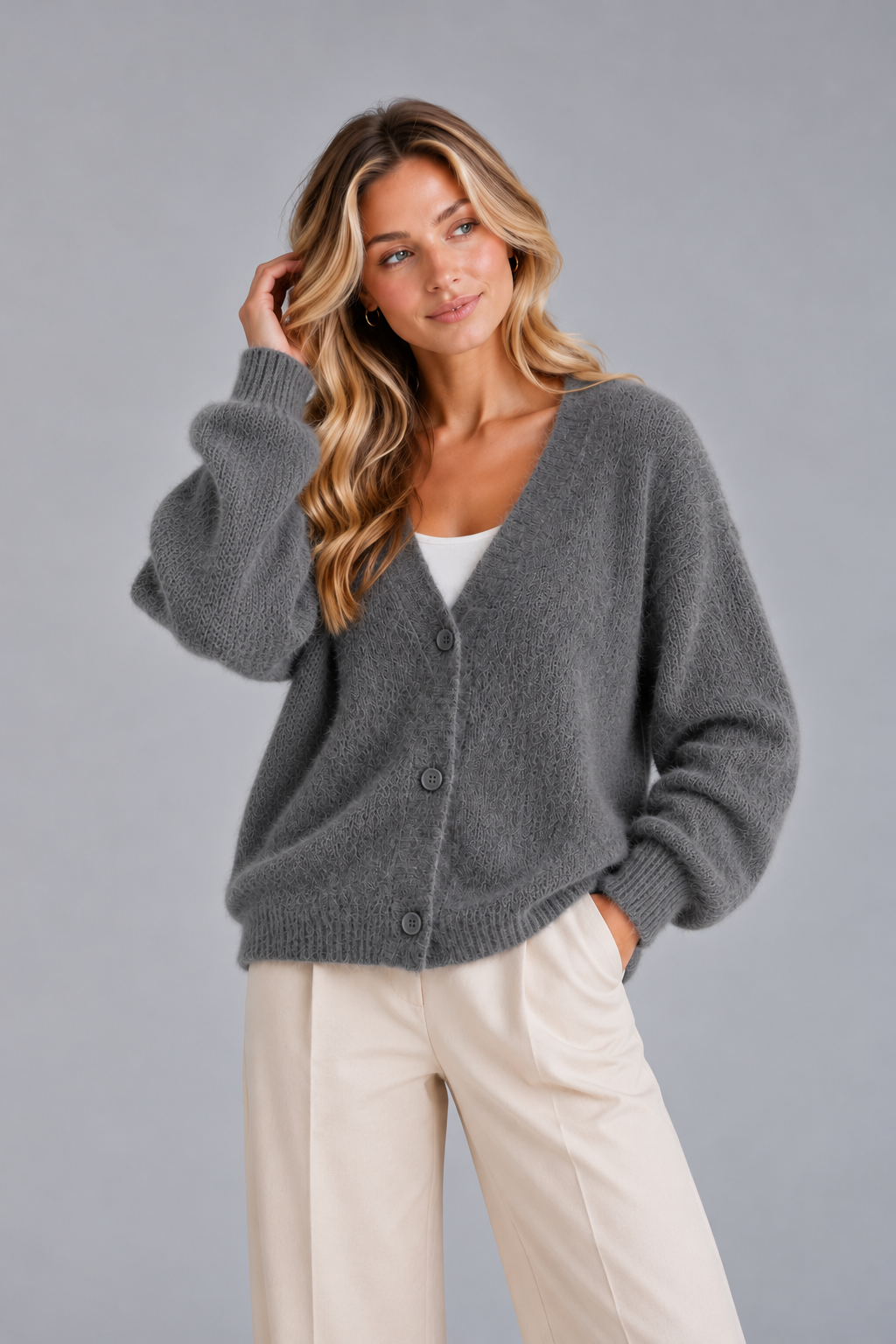Women’s Fluffy V-Neck Cardigan - Button Up Knit