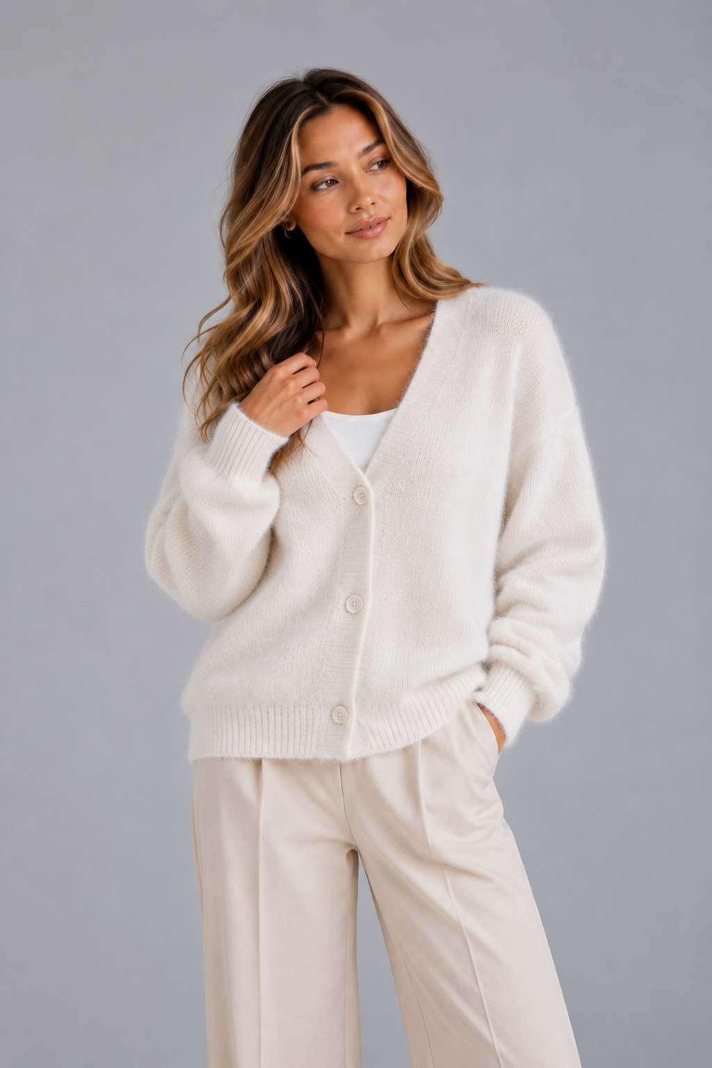 Women’s Fluffy V-Neck Cardigan - Button Up Knit