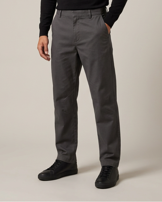 Men's grey tailored stretch tapered pants, front studio view