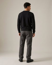 Men's grey tailored stretch tapered pants, rear studio view