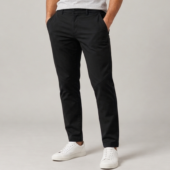 Men's black tailored stretch tapered pants, full-length standing studio view