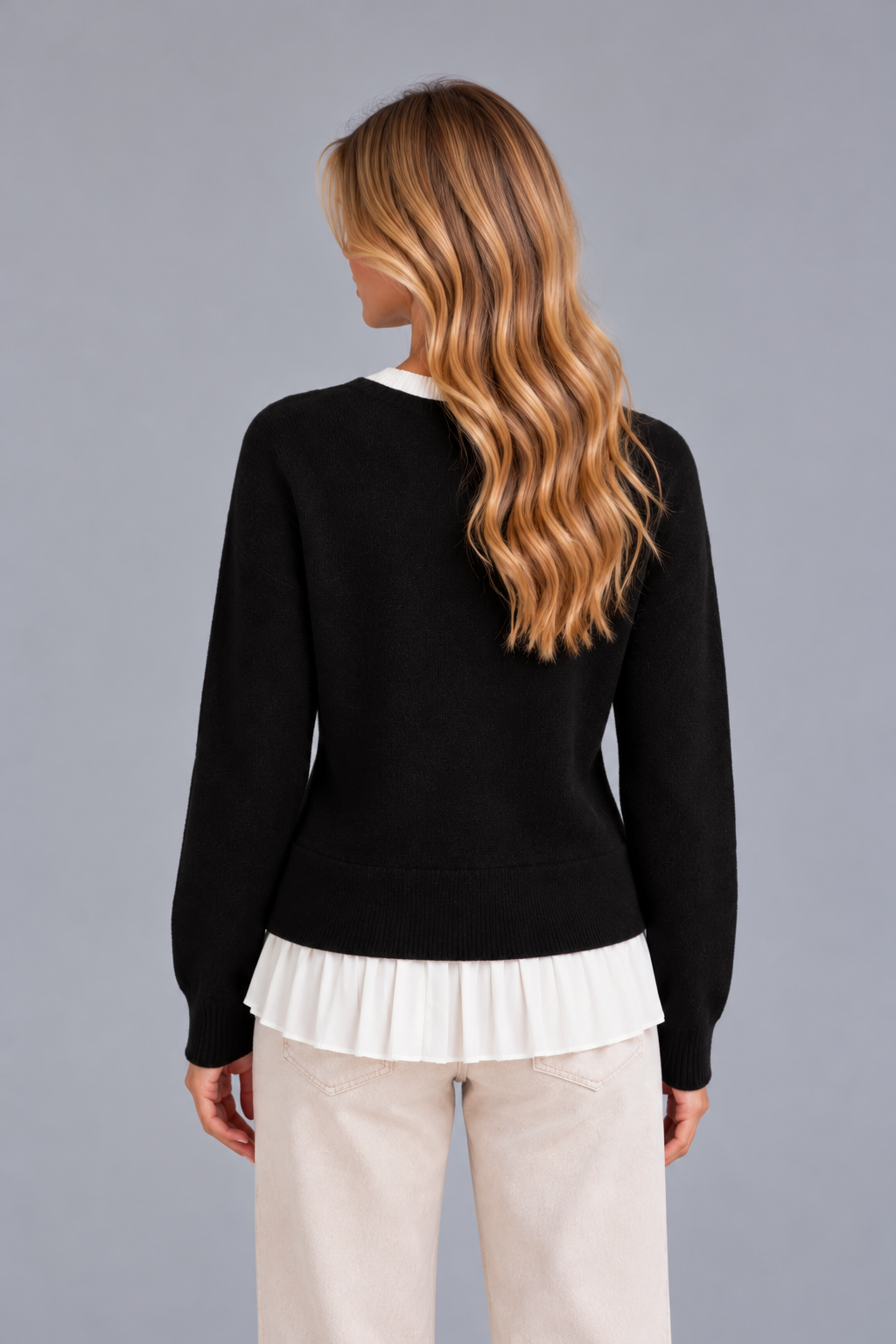 Women’s Layered Knit Cardigan – Button Front Pleated Hem Jumper