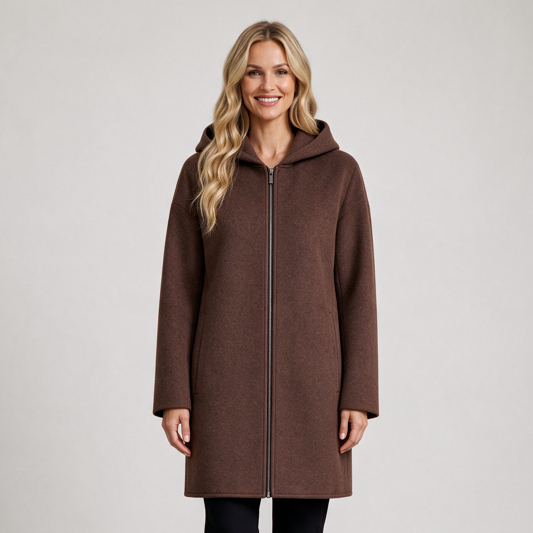 Women's brown pure wool hooded full zip coat front view