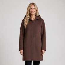Women's brown pure wool hooded full zip coat front view