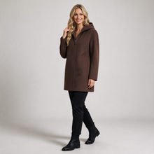 Women's brown pure wool hooded coat three-quarter view