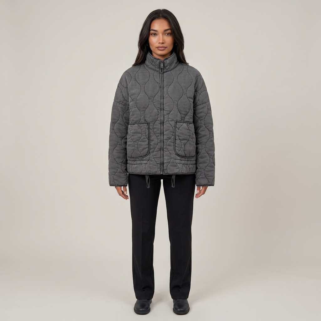 Women's dark grey quilted funnel neck jacket front view