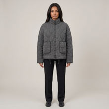 Women's dark grey quilted funnel neck jacket front view