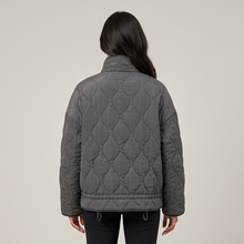 Women's dark grey quilted funnel neck jacket rear view