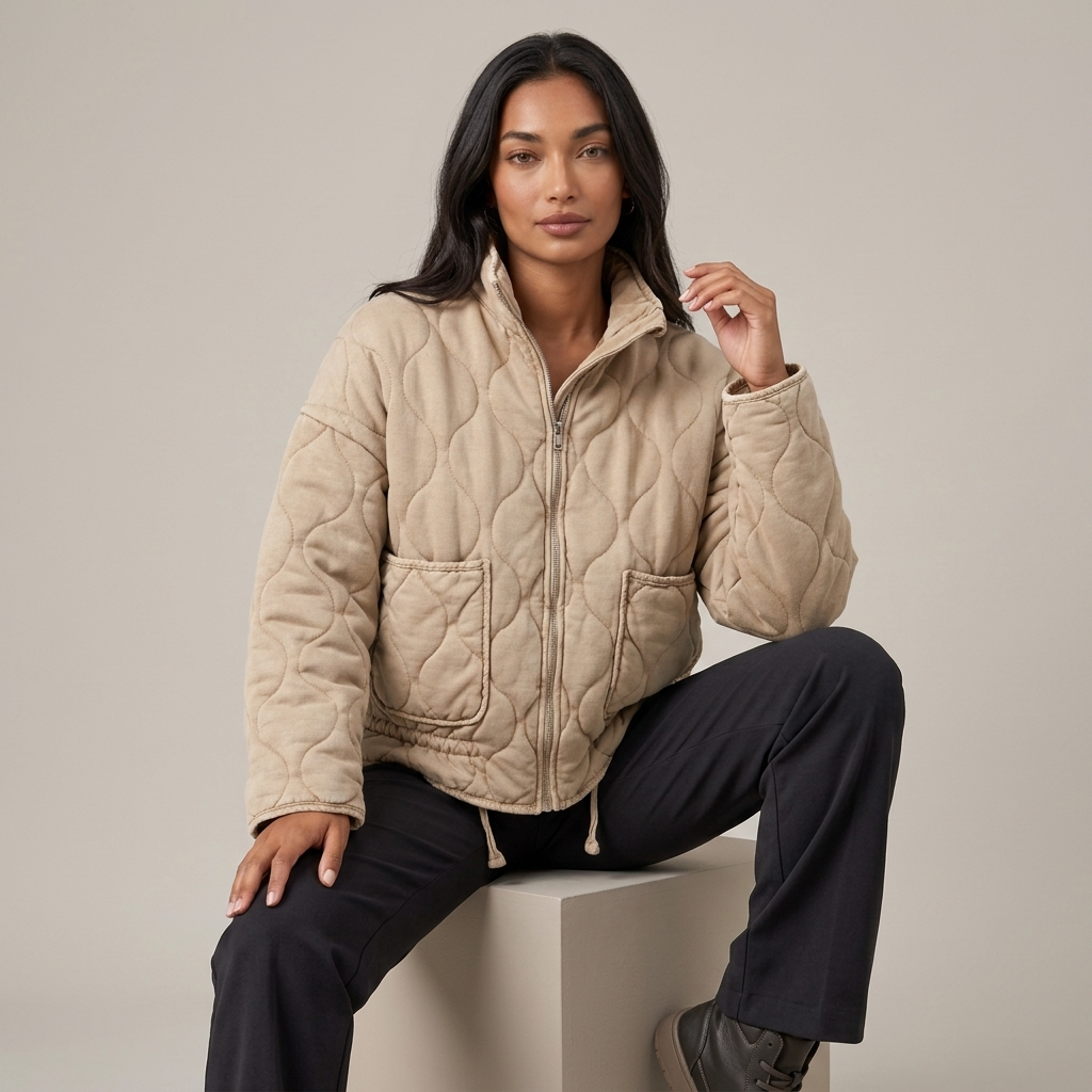 Women's beige quilted funnel neck jacket