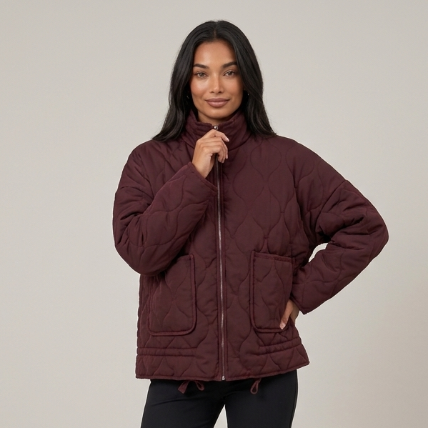Women's burgundy quilted funnel neck jacket