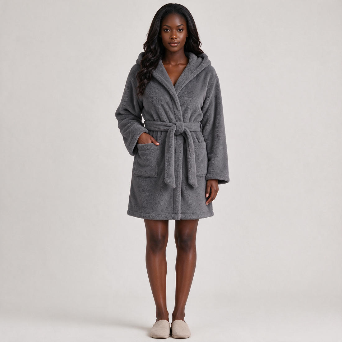 Grey plush hooded dressing gown front view
