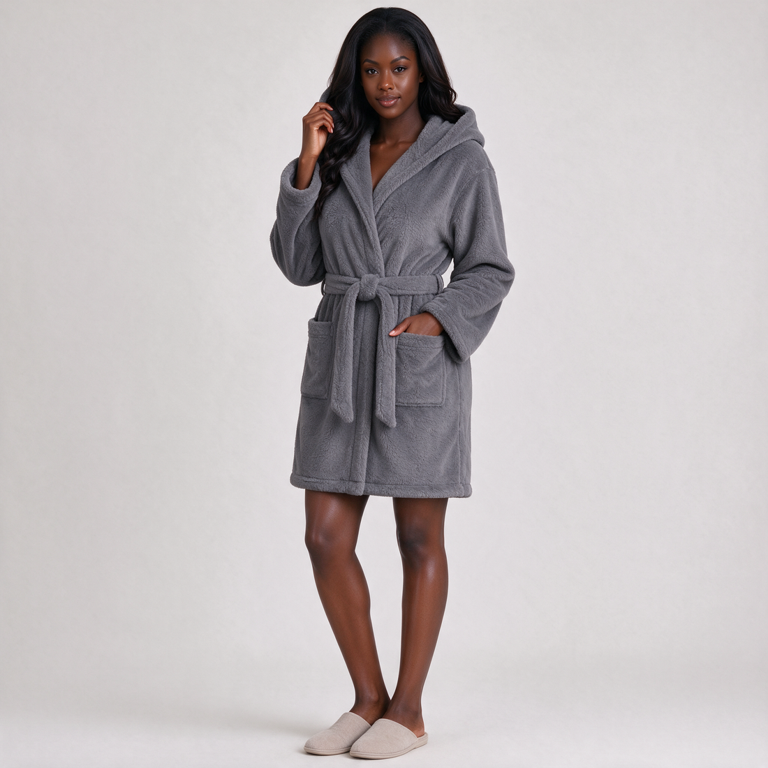 Grey plush hooded dressing gown front view