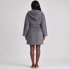 Grey plush hooded dressing gown rear view