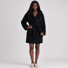 Black plush hooded dressing gown