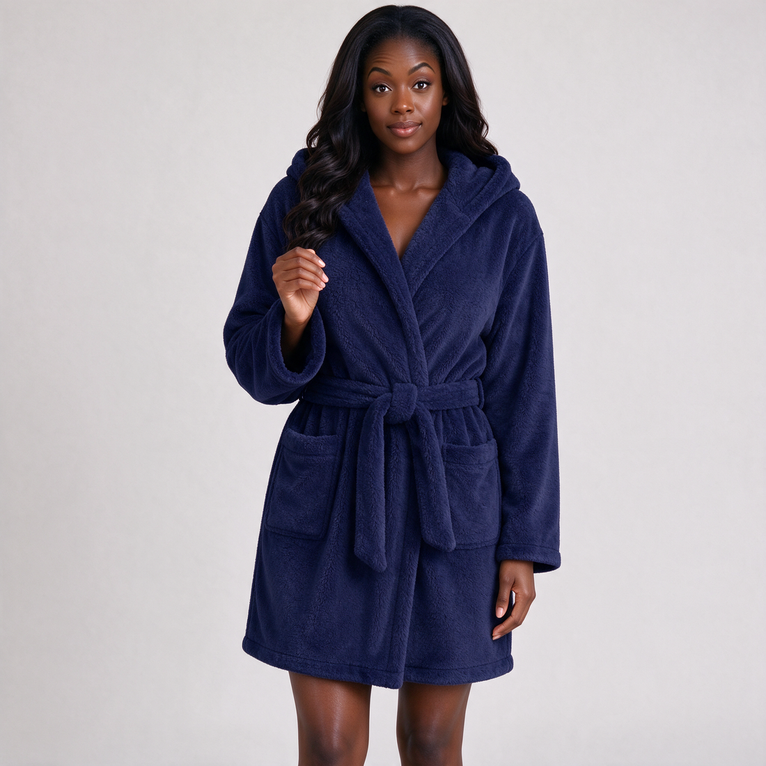 Dark blue plush hooded dressing gown