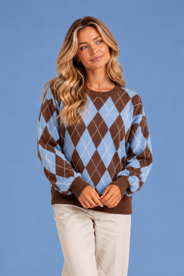 Women’s Argyle Knit Jumper – Crew Neck Long Sleeve Diamond Pattern Sweater