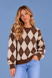 Women’s Argyle Knit Jumper – Crew Neck Long Sleeve Diamond Pattern Sweater