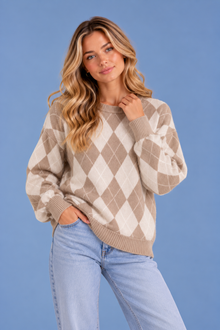 Women’s Argyle Knit Jumper – Crew Neck Long Sleeve Diamond Pattern Sweater