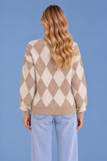 Women’s Argyle Knit Jumper – Crew Neck Long Sleeve Diamond Pattern Sweater