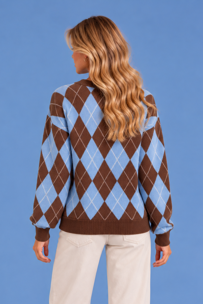 Women’s Argyle Knit Jumper – Crew Neck Long Sleeve Diamond Pattern Sweater