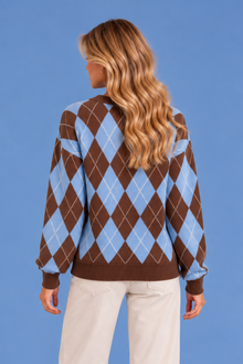Women’s Argyle Knit Jumper – Crew Neck Long Sleeve Diamond Pattern Sweater